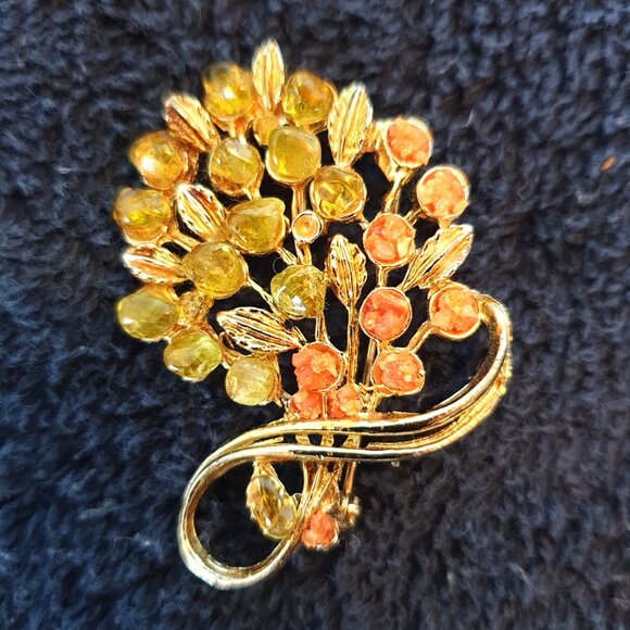 Vintage Retro Amber Gold-Tone Bouquet Floral Statement Brooch - Picture 4 of 9